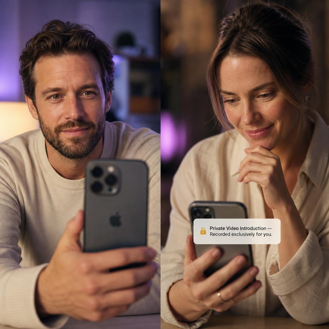 A man recording a private video introduction on his phone while, on another phone, a woman smiles at the notification: Private Video Introduction — Recorded exclusively for you.